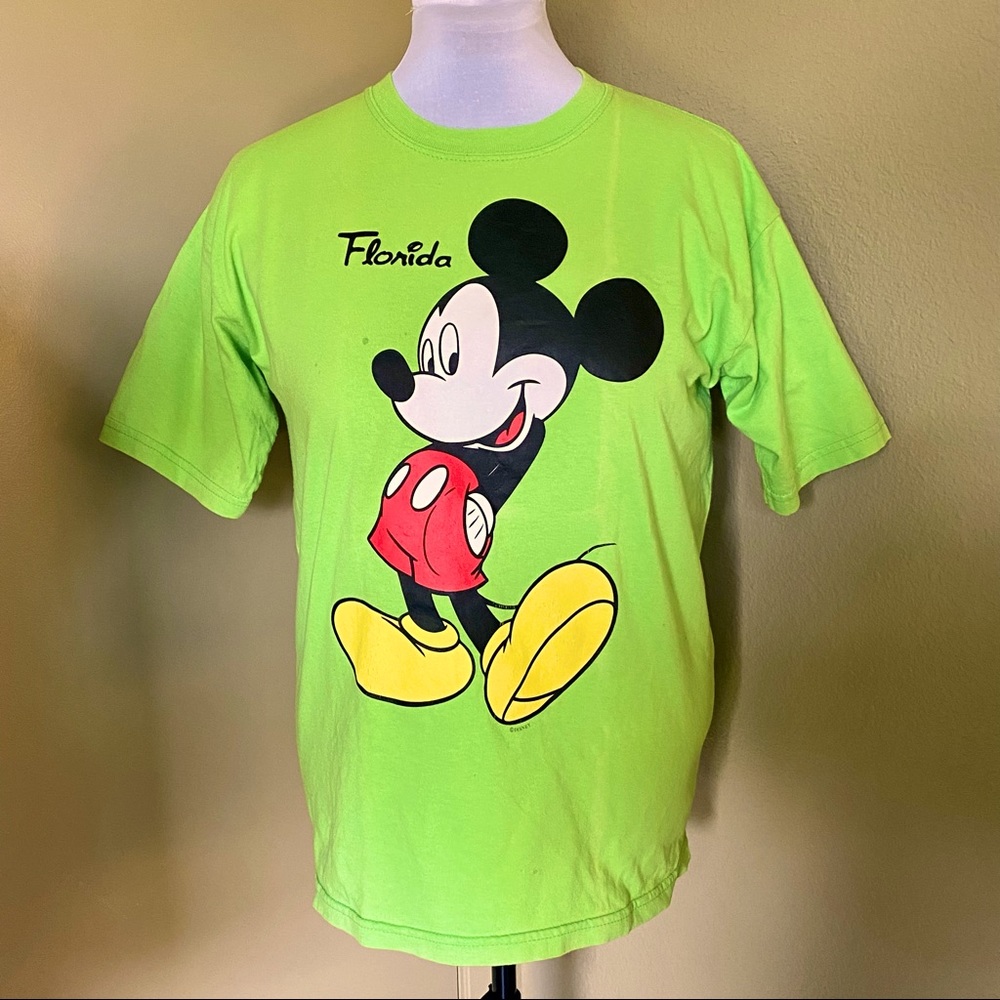Disney Mickey Mouse Fluorescent Green Cotton Crew Neck Short Sleeve Graphic Tee